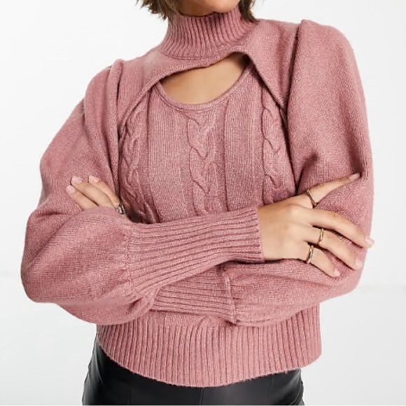 Fashion Union Blush Cable Knit Turtleneck Sweater - Picture 1 of 10